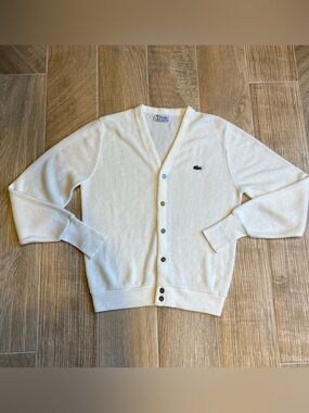 Vintage Lacoste Men’s Cream V-Neck Cardigan Sweater